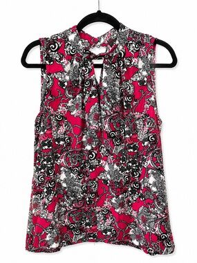 Nine West Sleeveless Blouse Pink Black White Paisley Print Tie Neck Size M